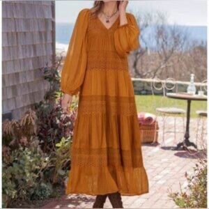 Sundance Boho “Adore Moi” Vibrant Gold Mixed-Media Tiered Chiffon Maxi Dress XS